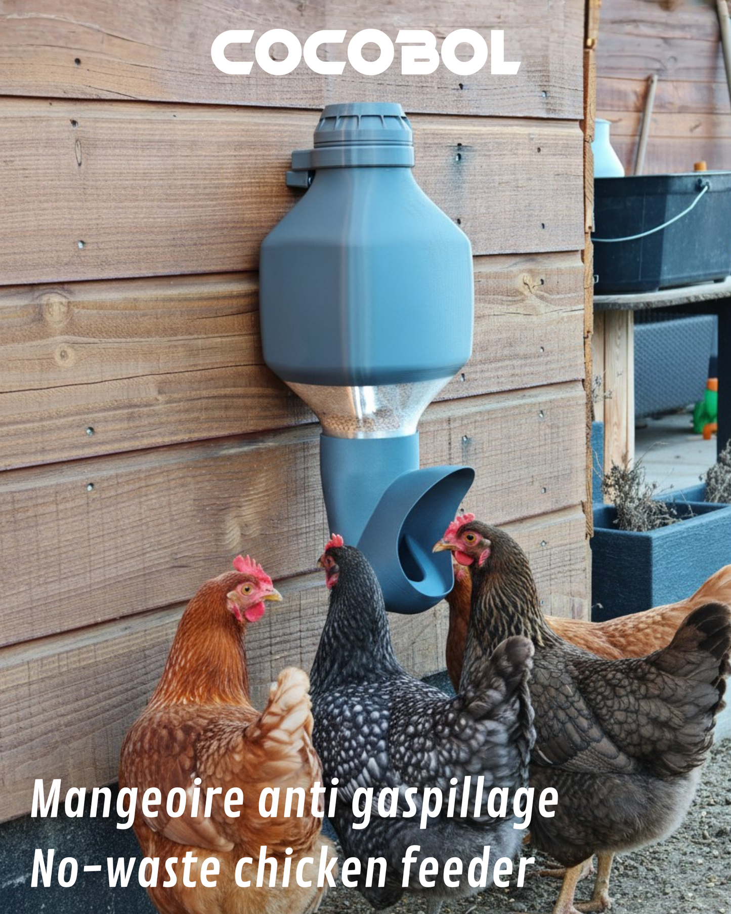 Mangeoire poule anti-gaspillage et anti nuisible réservoir rond 3,5 L / 5,5 L – Cocobol