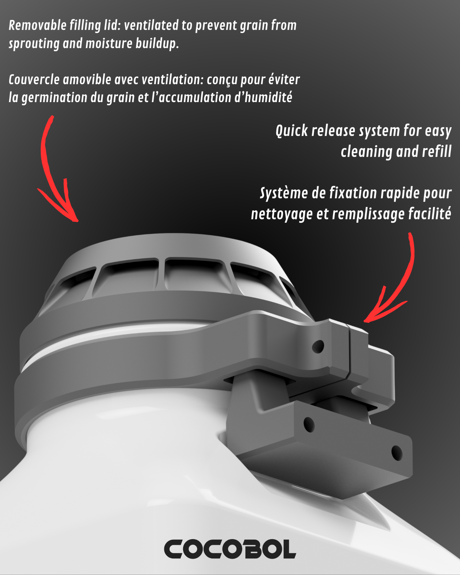 	Couvercle ventilé amovible et système d’attache rapide pour nettoyage facile du réservoir Cocobol.