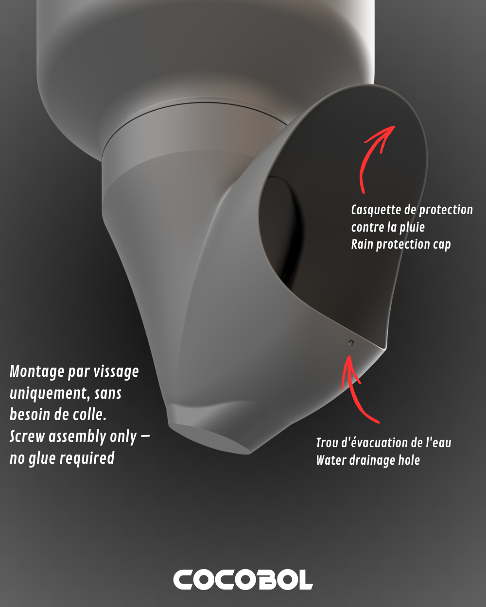 Détail de la sortie inclinée et des trous d’évacuation d’eau sous la mangeoire Cocobol.