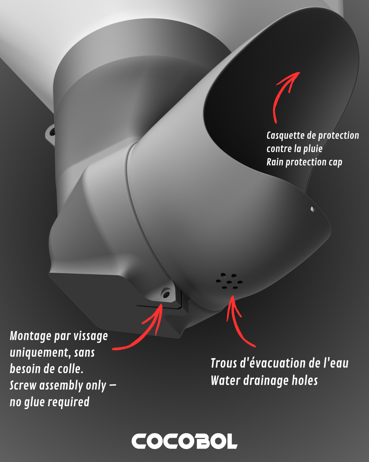 Détail de la sortie inclinée et des trous d’évacuation d’eau sous la mangeoire Cocobol.