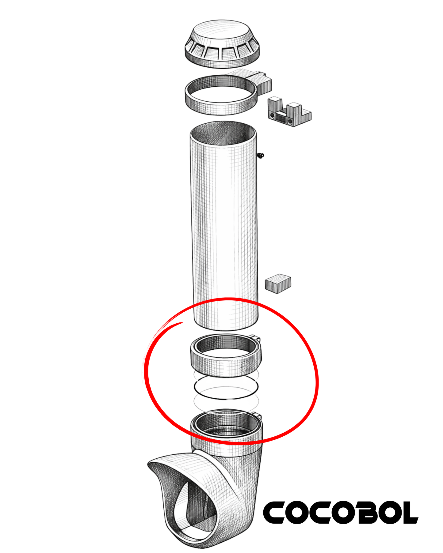 Schéma de montage du segment transparent Cocobol : position entre la bouche de la mangeoire et le tube PVC Ø100 mm (kit DIY)