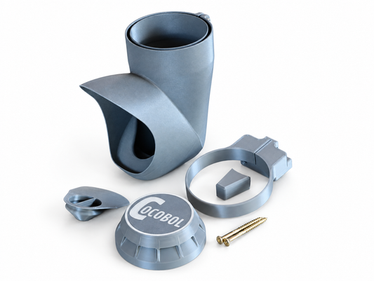 Kit mangeoire Cocobol pour tube PVC Ø100 sans segment transparent : bouche, couvercle, bouchon, fixation murale et vis. Tube non inclus.